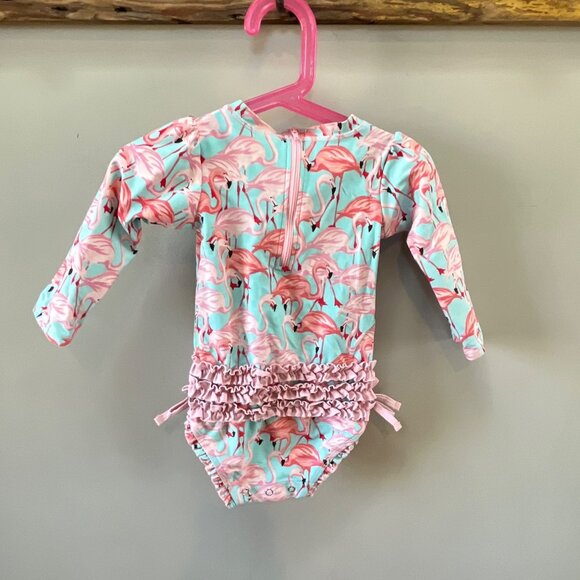Ruffle Butts Girls Long Sleeve‎ Pink Flamingo Swimsuit – 18-24m - Picture 1 of 3